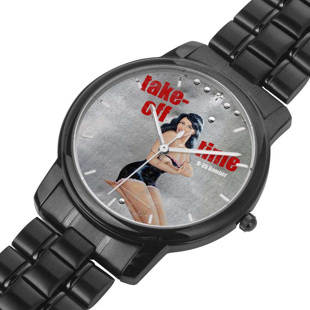 Take-Off Time - Retro WWII B-25 Airplane Pinup Nose Art Watch 