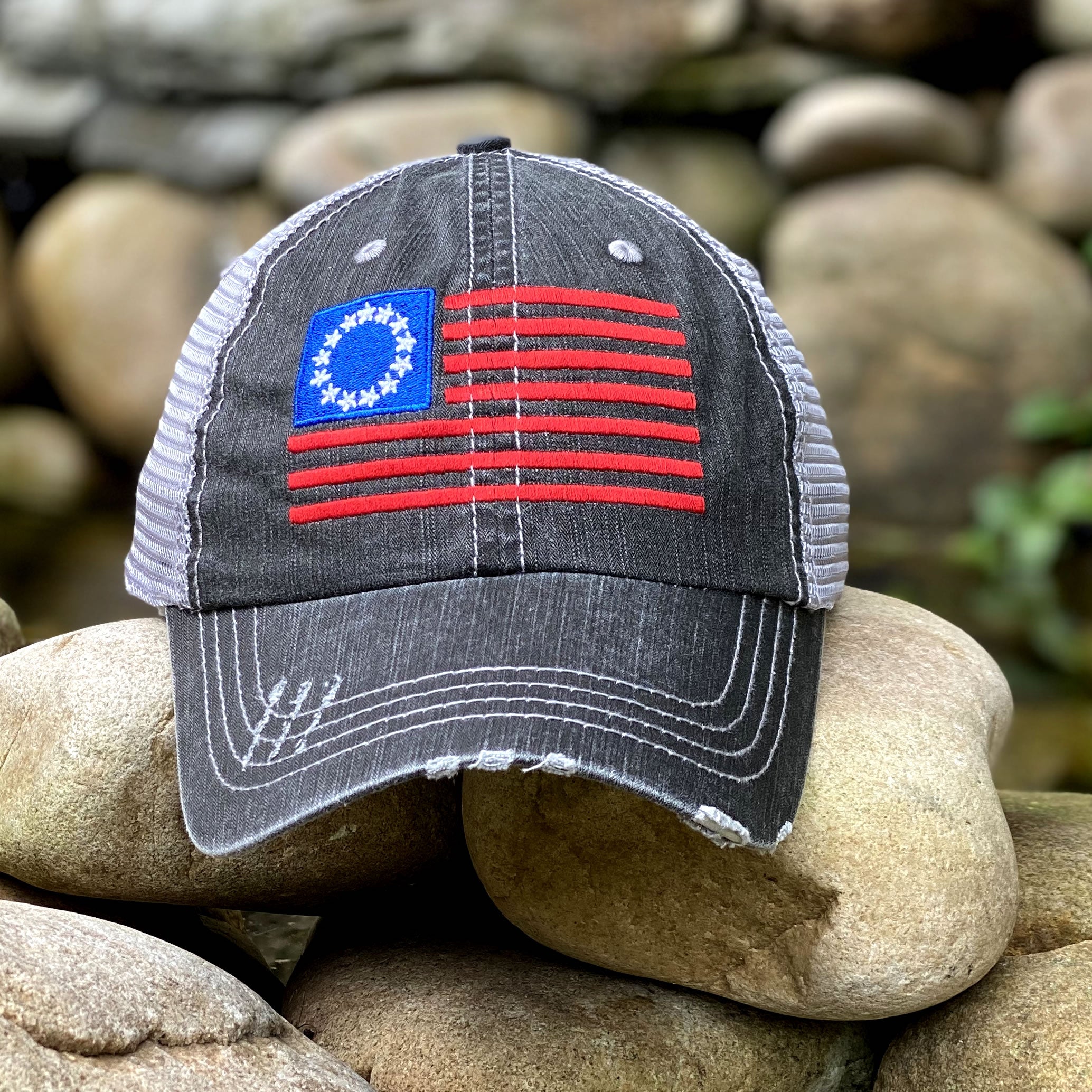 Betsy Ross American Flag Distressed Style Hat Hats Black 